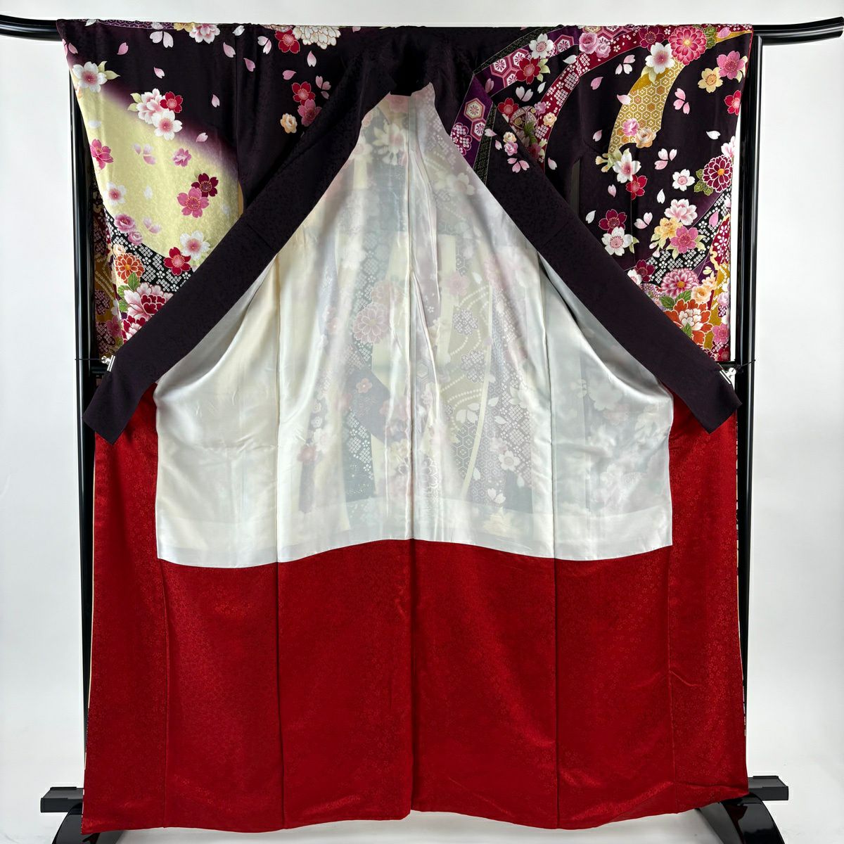 【美品】振袖禮服 身長162cm 袖長67cm M 雙層 牡丹 手鞠 金銀彩 深紫 純蠶絲 名品級