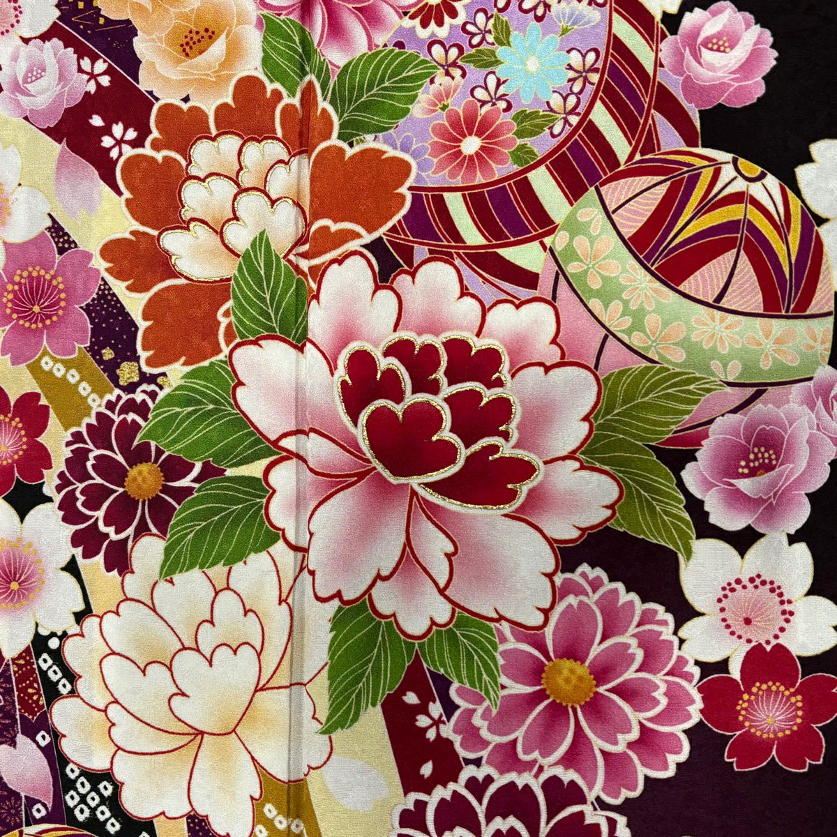 【美品】振袖禮服 身長162cm 袖長67cm M 雙層 牡丹 手鞠 金銀彩 深紫 純蠶絲 名品級