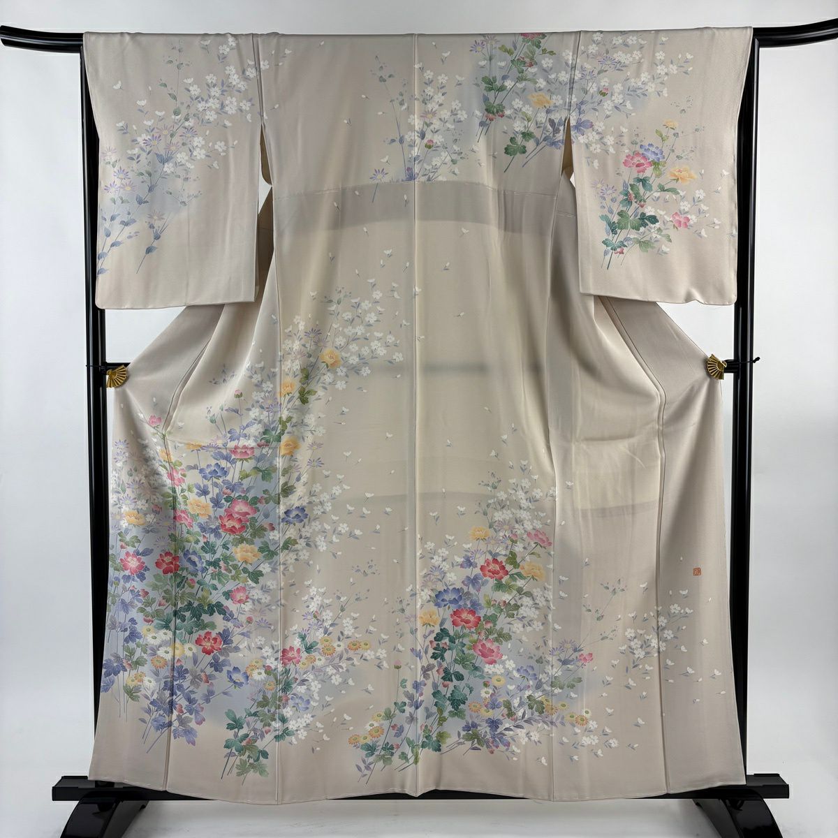 【美品】訪問服 身長159.5cm 袖長65.5cm M 雙層 落款あり 草花紋紋 漸層 粉米色 純蠶絲 名品級