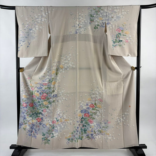 【美品】訪問服 身長159.5cm 袖長65.5cm M 雙層 落款あり 草花紋紋 漸層 粉米色 純蠶絲 名品級
