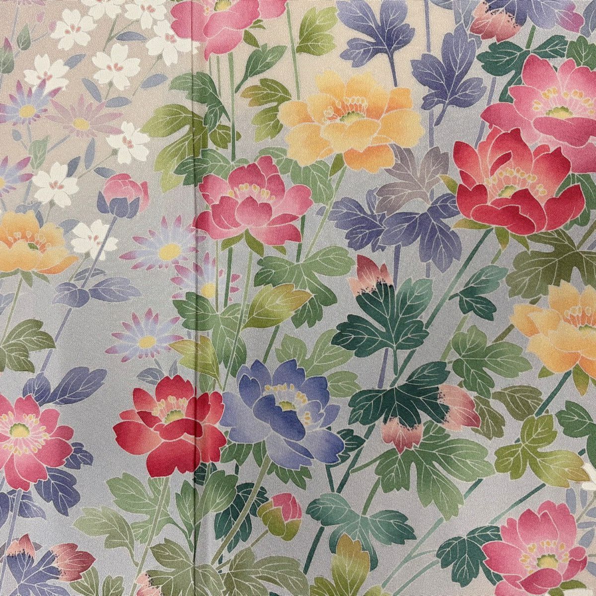 【美品】訪問服 身長159.5cm 袖長65.5cm M 雙層 落款あり 草花紋紋 漸層 粉米色 純蠶絲 名品級