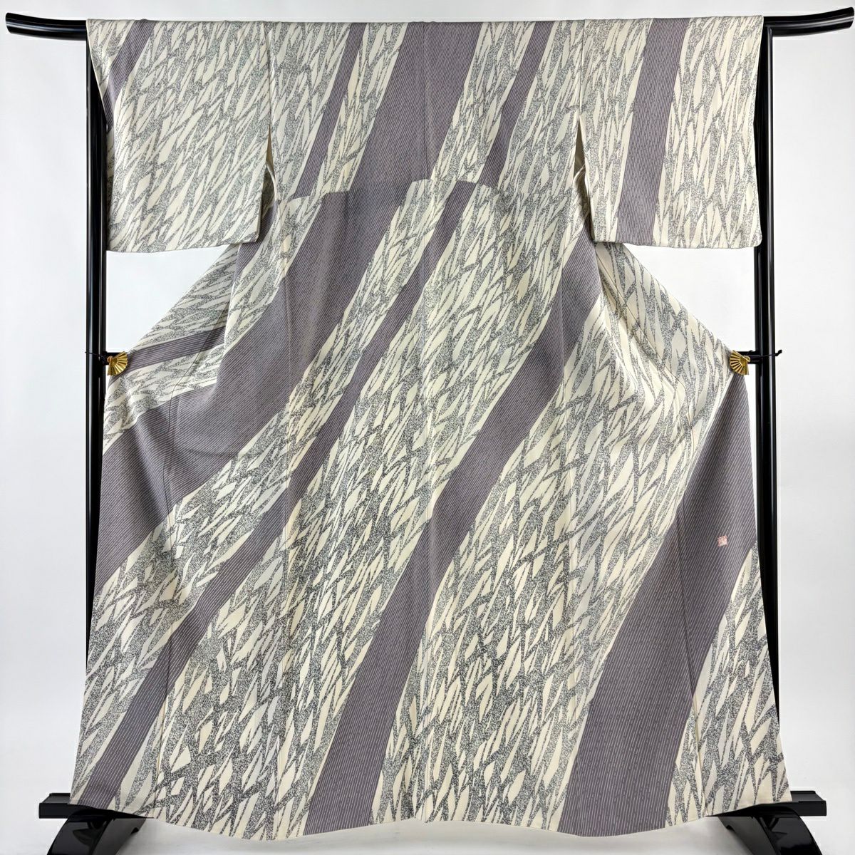 【美品】訪問服 身長160.5cm 袖長65.5cm M 雙層 落款あり 葉柄 斜紋 灰紫 純蠶絲 名品級