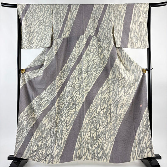 【美品】訪問服 身長160.5cm 袖長65.5cm M 雙層 落款あり 葉柄 斜紋 灰紫 純蠶絲 名品級
