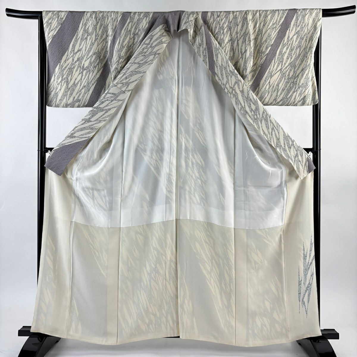 【美品】訪問服 身長160.5cm 袖長65.5cm M 雙層 落款あり 葉柄 斜紋 灰紫 純蠶絲 名品級