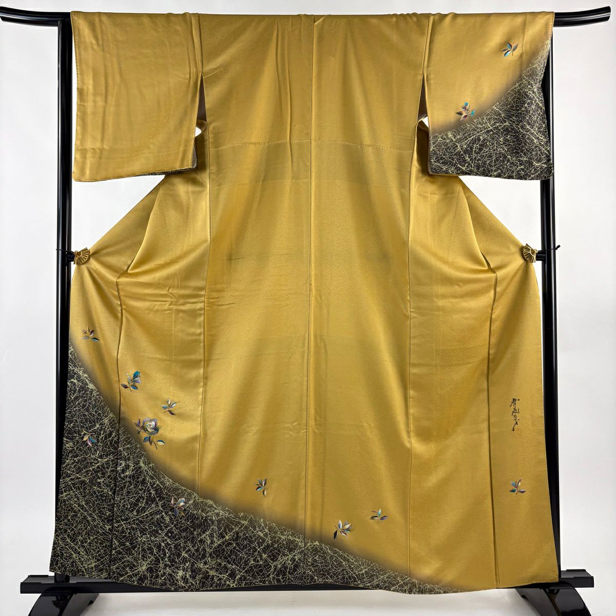 【美品】 付下 身長159.5cm 袖長65cm M 雙層 斉藤三才 落款あり 薔薇 幾何學圖案 金銀彩 染分 黃土色 純蠶絲 名品級