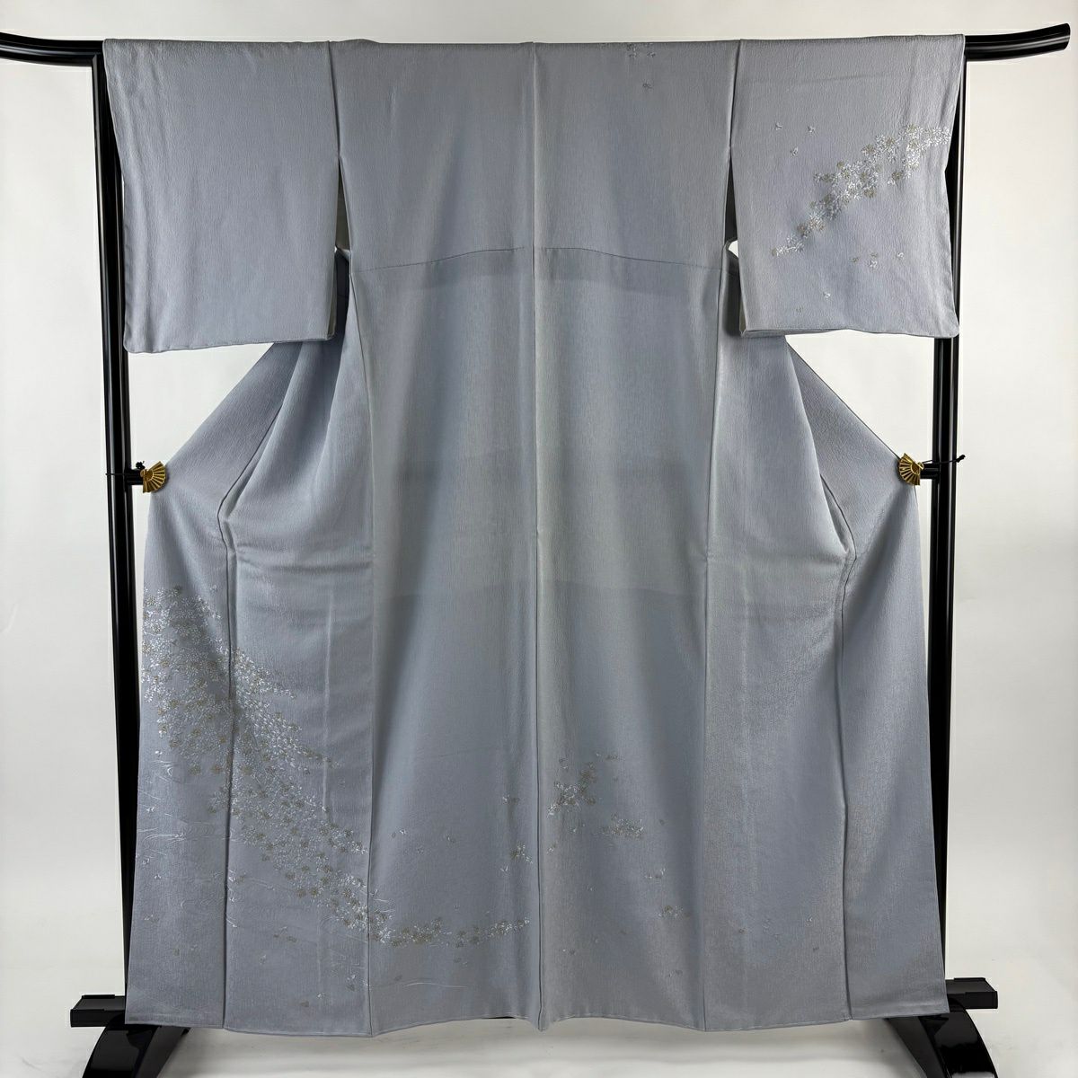 付下 身長161.5cm 袖長66cm M 雙層 枝花 流水 刺繡 金糸 青灰 純蠶絲 名品級