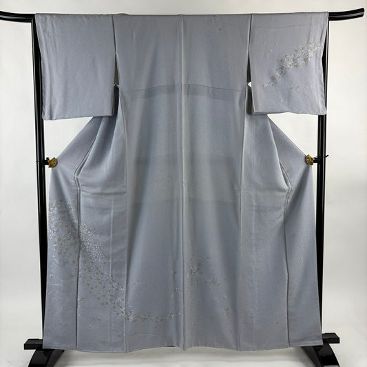 付下 身長161.5cm 袖長66cm M 雙層 枝花 流水 刺繡 金糸 青灰 純蠶絲 名品級