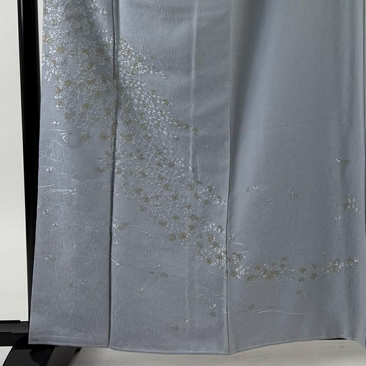 付下 身長161.5cm 袖長66cm M 雙層 枝花 流水 刺繡 金糸 青灰 純蠶絲 名品級