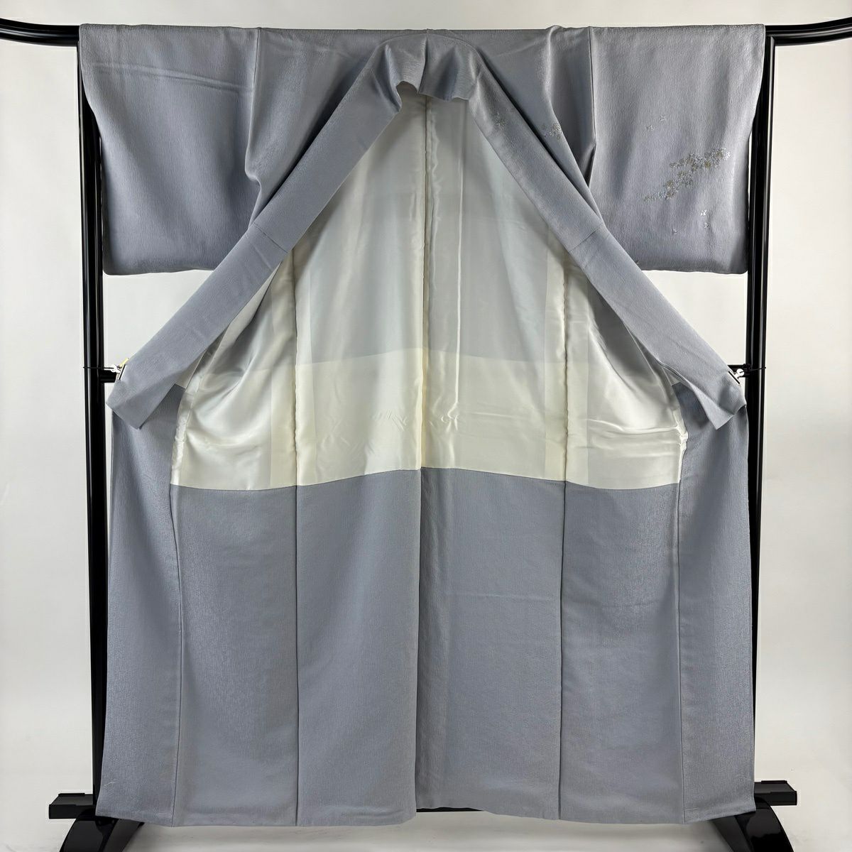 付下 身長161.5cm 袖長66cm M 雙層 枝花 流水 刺繡 金糸 青灰 純蠶絲 名品級