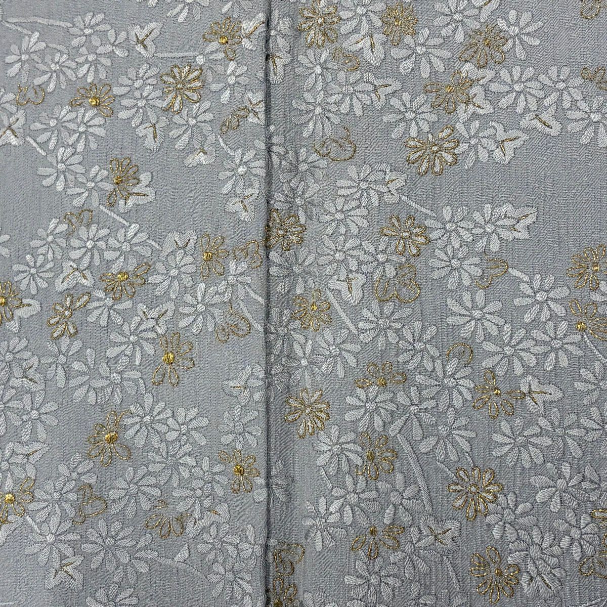 付下 身長161.5cm 袖長66cm M 雙層 枝花 流水 刺繡 金糸 青灰 純蠶絲 名品級