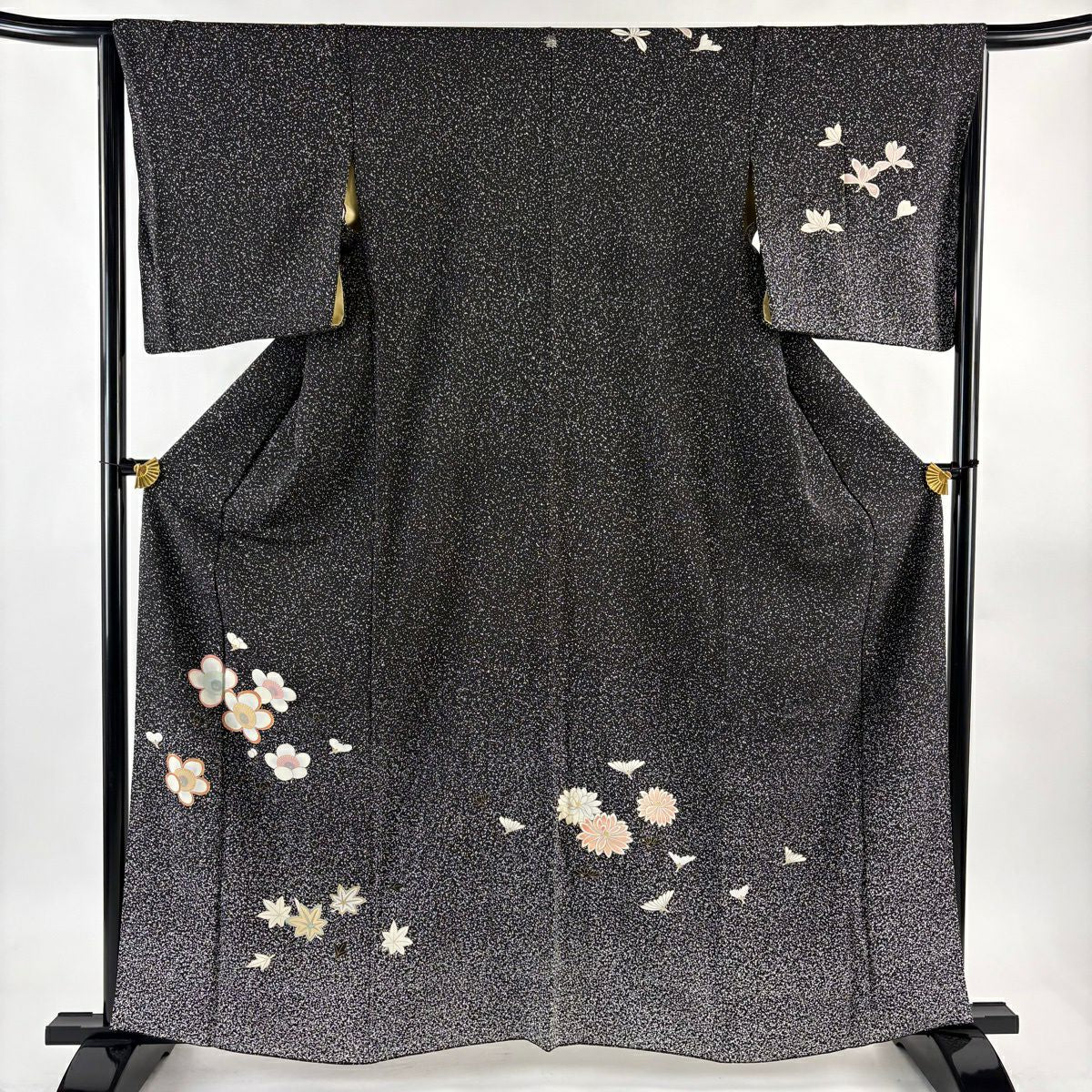 付下 身長162cm 袖長65cm M 雙層 梅花 楓 金銀彩 金絲 黑 純蠶絲 名品級 一個紋