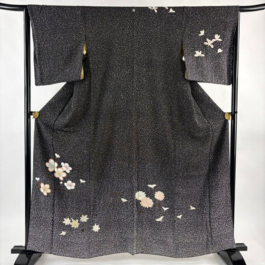 付下 身長162cm 袖長65cm M 雙層 梅花 楓 金銀彩 金絲 黑 純蠶絲 名品級 一個紋