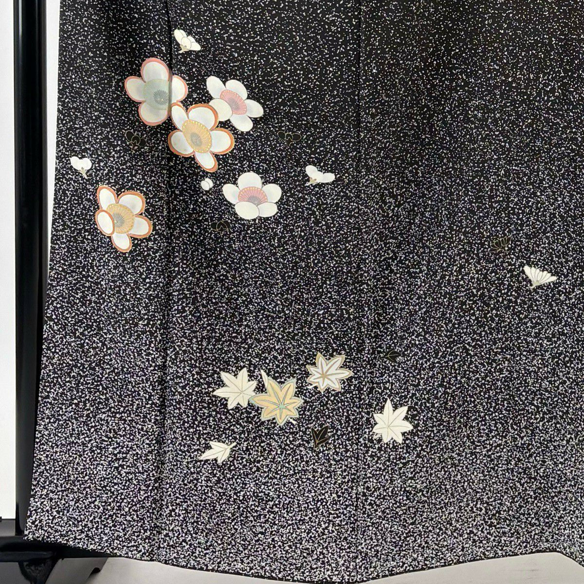付下 身長162cm 袖長65cm M 雙層 梅花 楓 金銀彩 金絲 黑 純蠶絲 名品級 一個紋