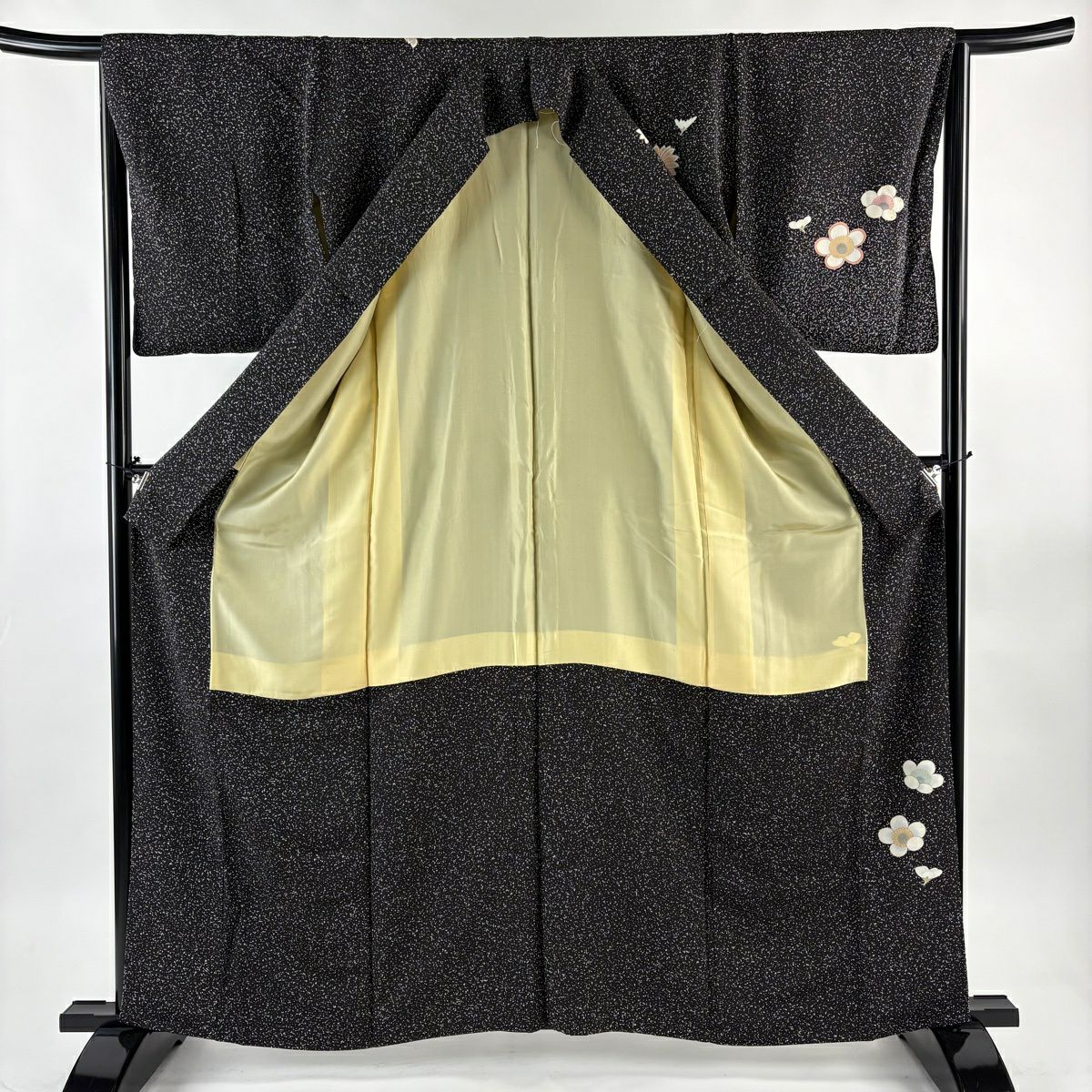 付下 身長162cm 袖長65cm M 雙層 梅花 楓 金銀彩 金絲 黑 純蠶絲 名品級 一個紋