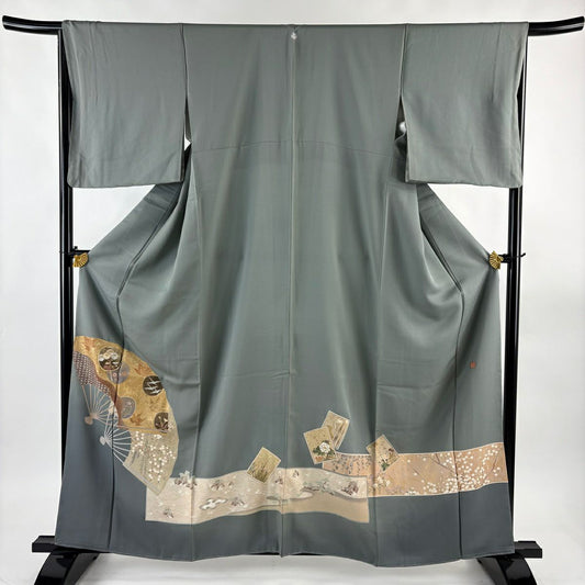 灰色留袖禮服 身長161.5cm 袖長66cm M 雙層 有落款 波 金絲 金銀彩 純蠶絲 名品級 一個紋