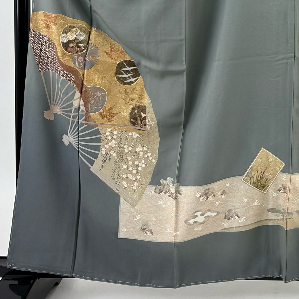 灰色留袖禮服 身長161.5cm 袖長66cm M 雙層 有落款 波 金絲 金銀彩 純蠶絲 名品級 一個紋