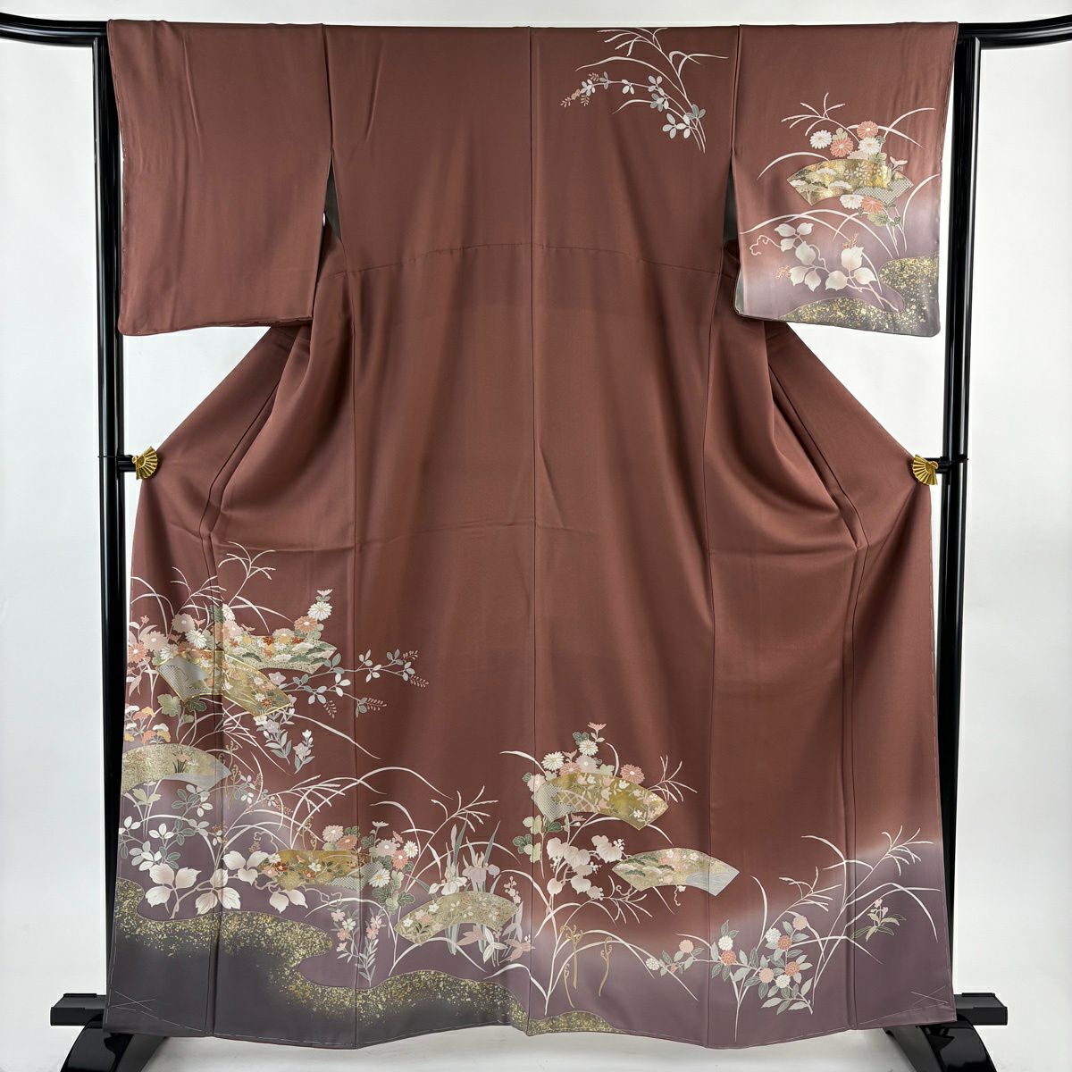 訪問服 身長162cm 袖長64cm M 雙層 扇子面 秋草 金絲 金銀彩 紅茶 純蠶絲 名品級