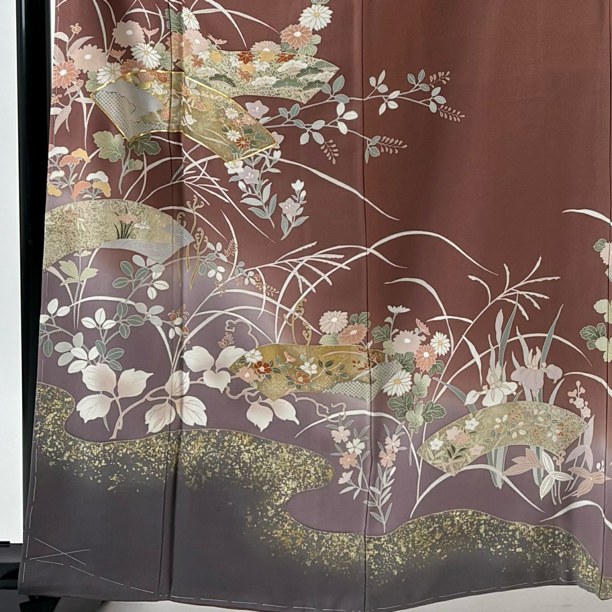 訪問服 身長162cm 袖長64cm M 雙層 扇子面 秋草 金絲 金銀彩 紅茶 純蠶絲 名品級