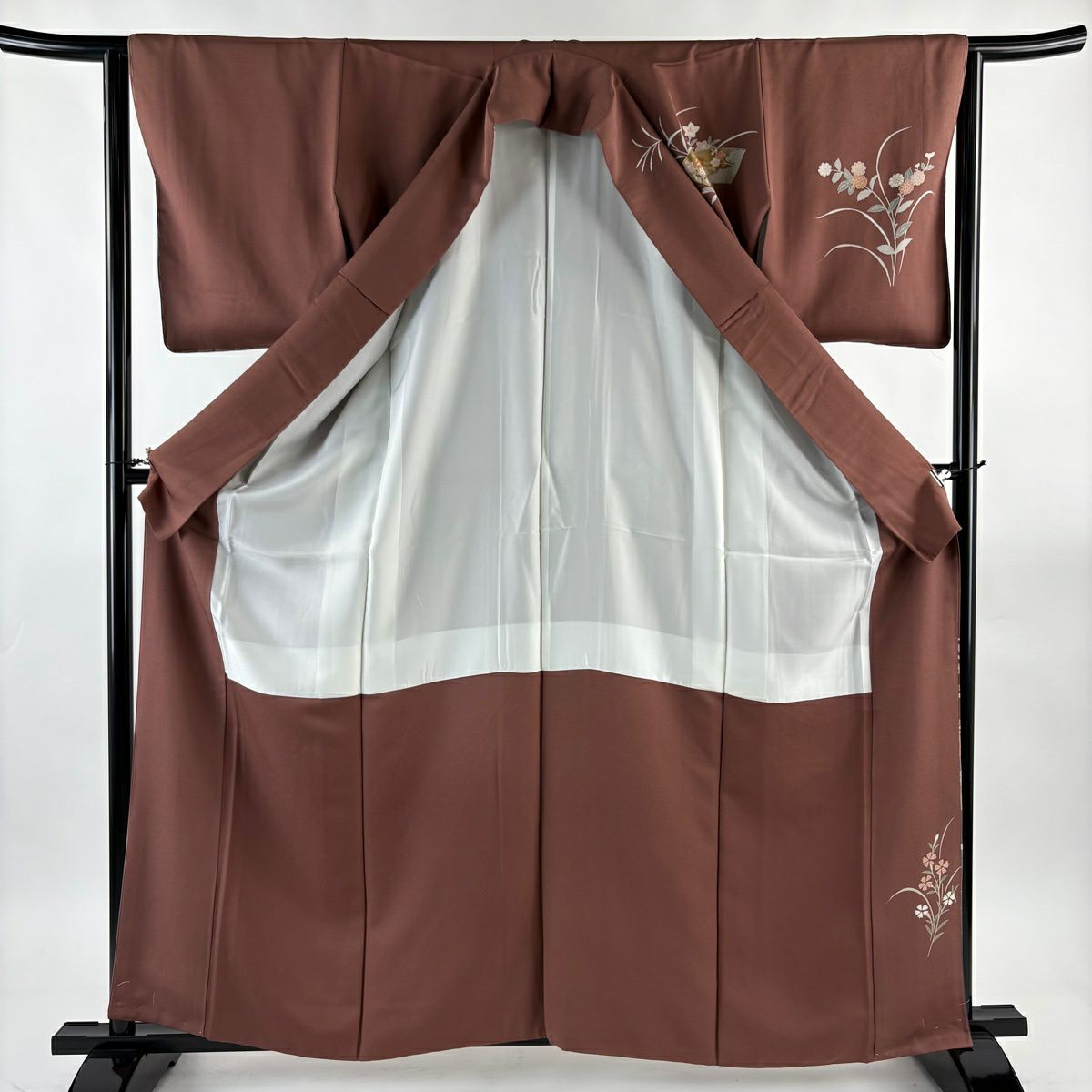訪問服 身長162cm 袖長64cm M 雙層 扇子面 秋草 金絲 金銀彩 紅茶 純蠶絲 名品級