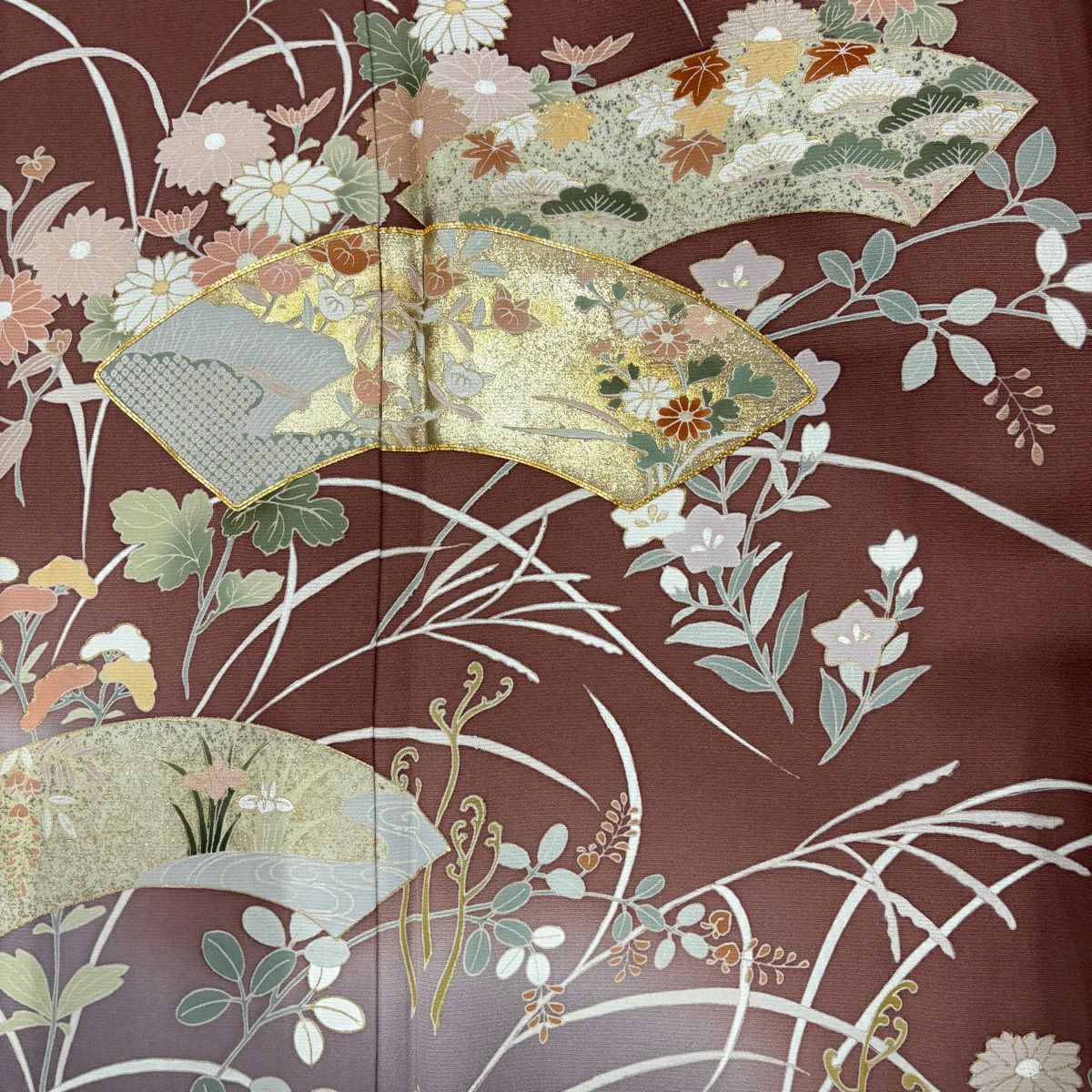 訪問服 身長162cm 袖長64cm M 雙層 扇子面 秋草 金絲 金銀彩 紅茶 純蠶絲 名品級