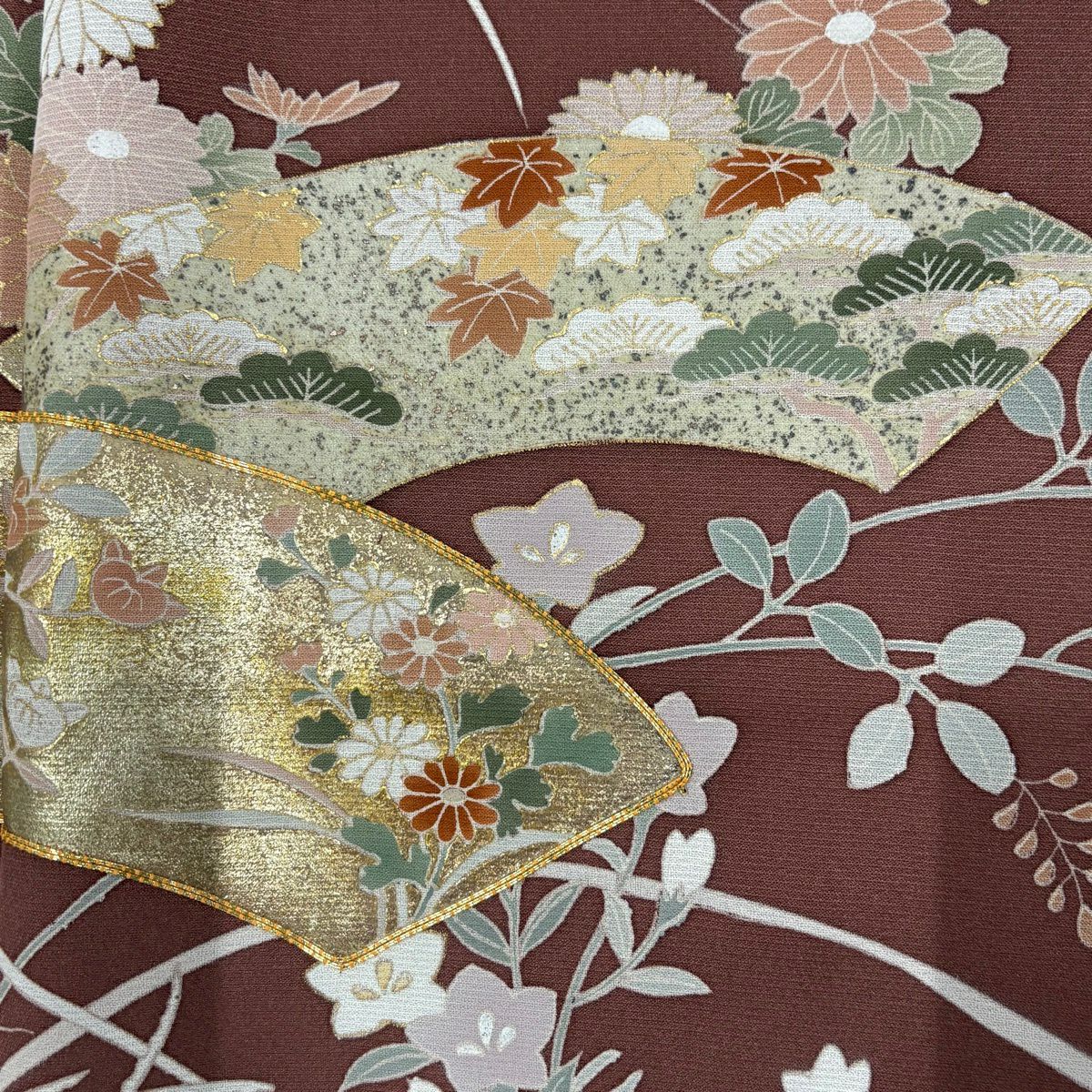訪問服 身長162cm 袖長64cm M 雙層 扇子面 秋草 金絲 金銀彩 紅茶 純蠶絲 名品級
