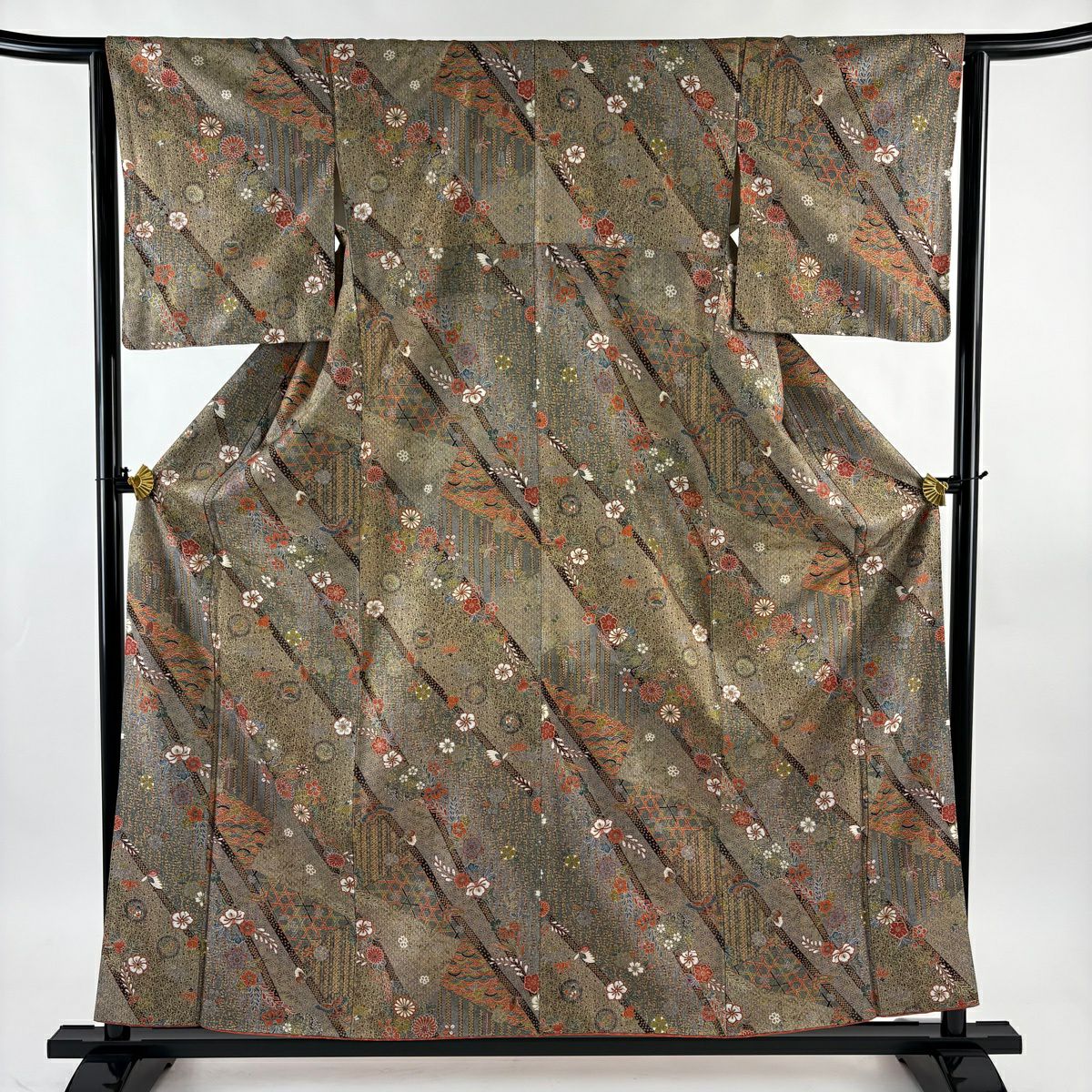 【美品】 小紋 身長157.5cm 袖長64cm M 雙層 草花紋紋 麻之葉 金銀彩 茶綠 純蠶絲 名品級