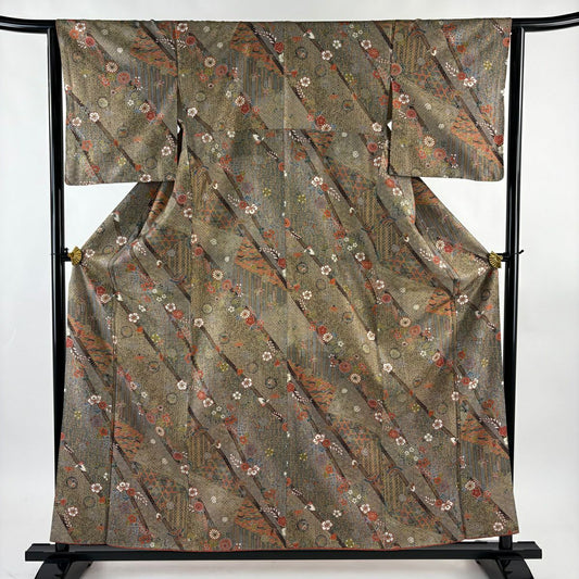 【美品】 小紋 身長157.5cm 袖長64cm M 雙層 草花紋紋 麻之葉 金銀彩 茶綠 純蠶絲 名品級