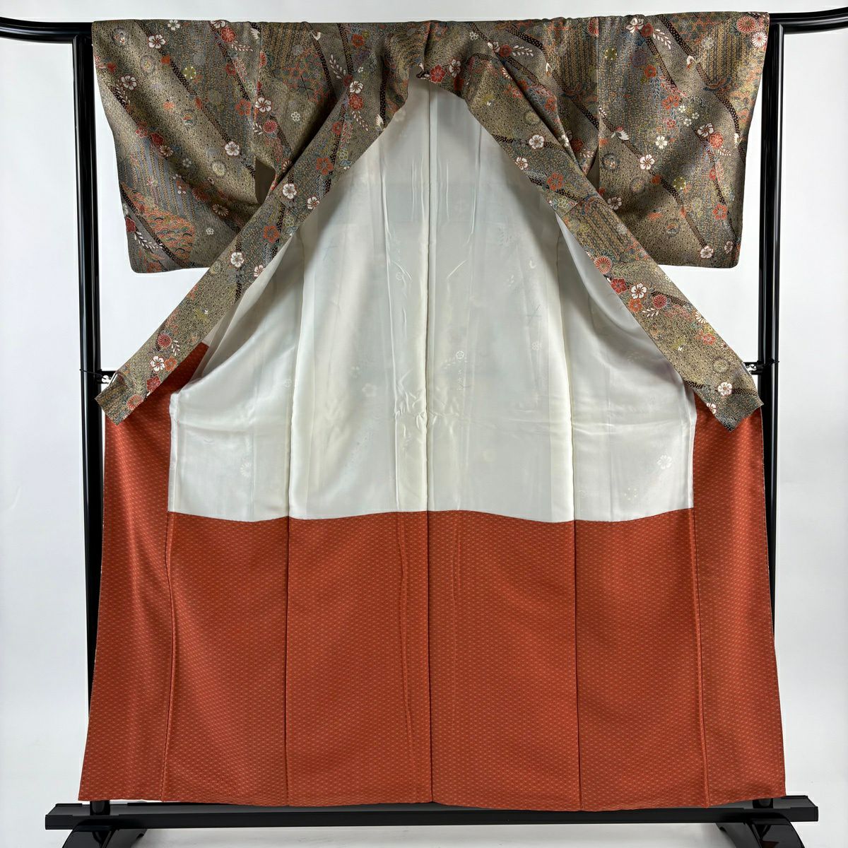 【美品】 小紋 身長157.5cm 袖長64cm M 雙層 草花紋紋 麻之葉 金銀彩 茶綠 純蠶絲 名品級