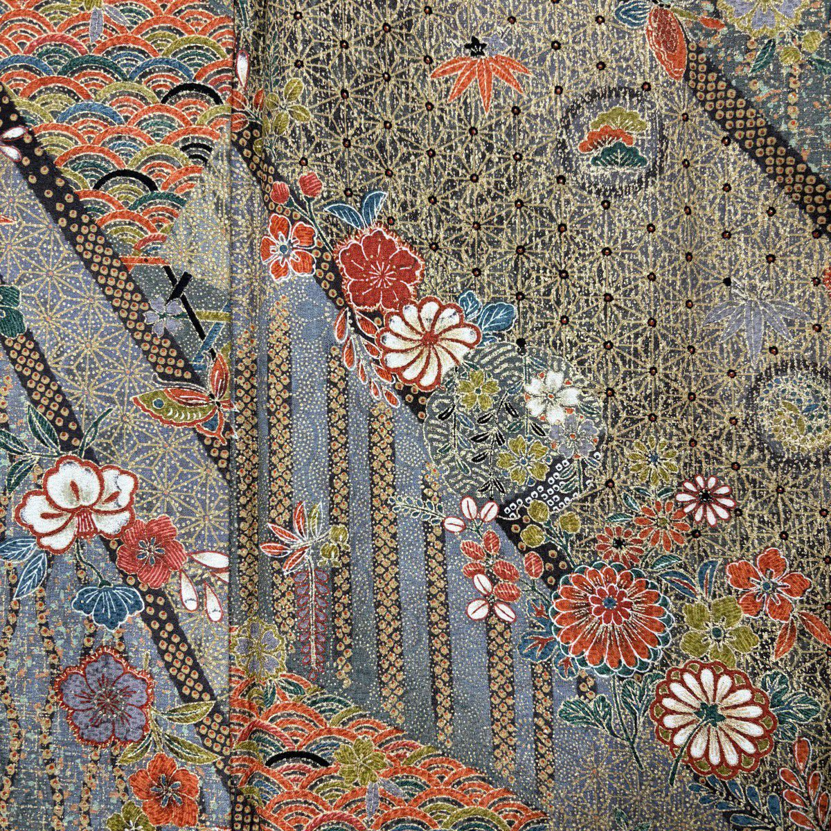 【美品】 小紋 身長157.5cm 袖長64cm M 雙層 草花紋紋 麻之葉 金銀彩 茶綠 純蠶絲 名品級