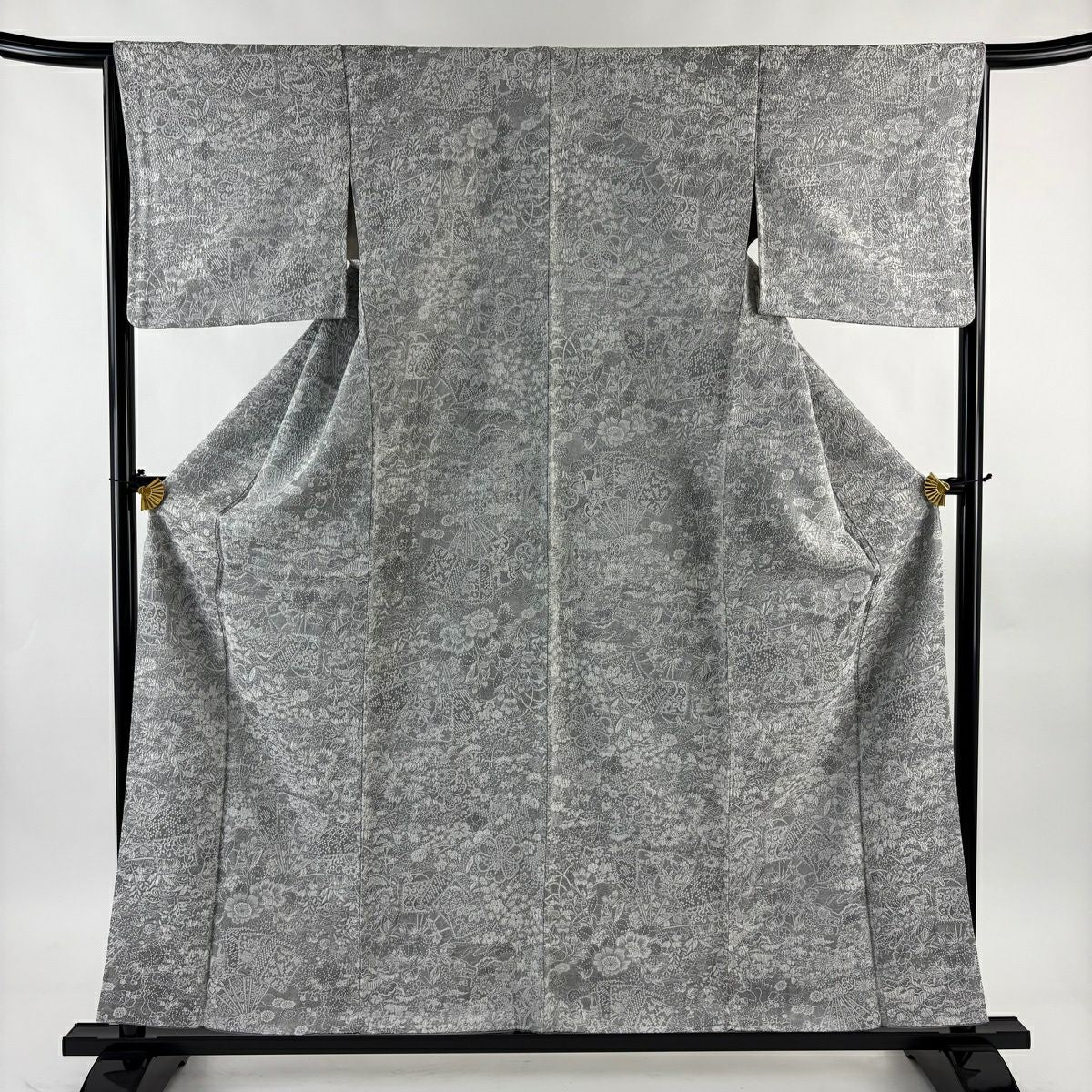 小紋 身長159cm 袖長65.5cm M 雙層 紋意匠 草花紋紋 松樹 灰色 純蠶絲 名品級