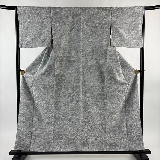 小紋 身長159cm 袖長65.5cm M 雙層 紋意匠 草花紋紋 松樹 灰色 純蠶絲 名品級