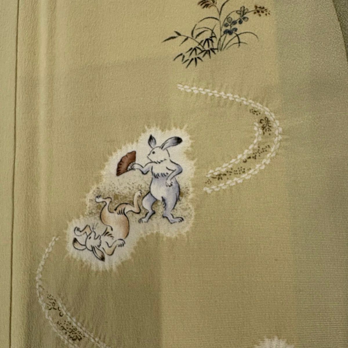 付下 身長157cm 袖長64cm M 雙層 大和 鳥獸戲畫 草花紋紋 金銀彩 絞染 黃土 純蠶絲 名品級
