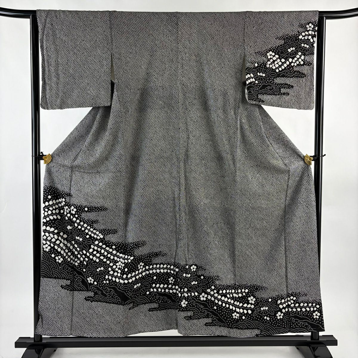 【美品】訪問服 身長155cm 袖長63.5cm S 雙層 波頭 椿 總絞染 黑灰 純蠶絲 名品級