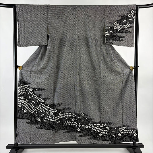 【美品】訪問服 身長155cm 袖長63.5cm S 雙層 波頭 椿 總絞染 黑灰 純蠶絲 名品級
