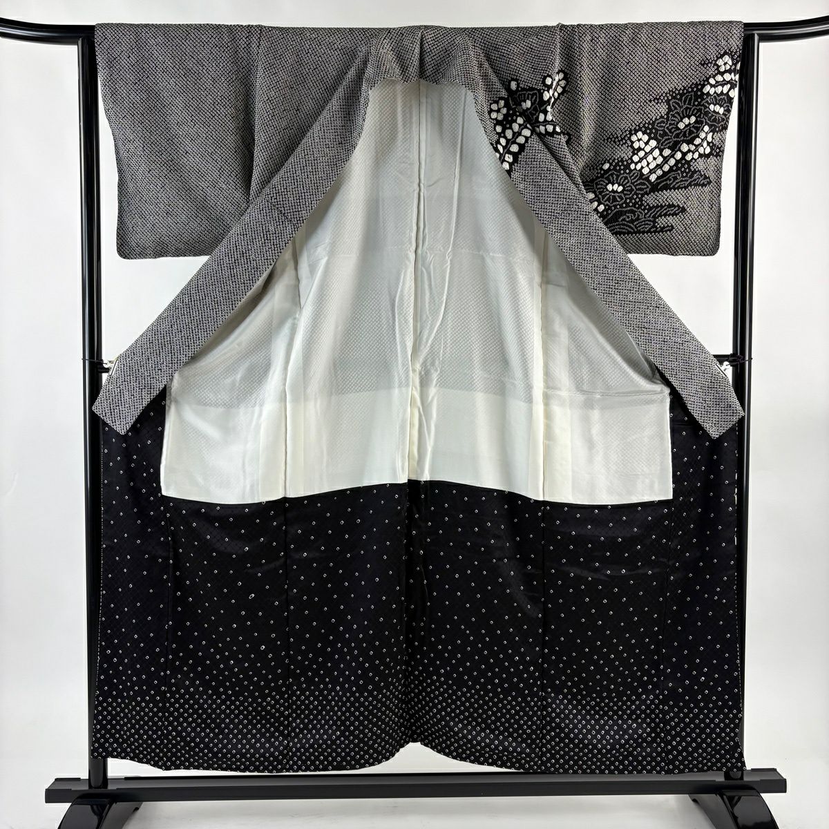 【美品】訪問服 身長155cm 袖長63.5cm S 雙層 波頭 椿 總絞染 黑灰 純蠶絲 名品級