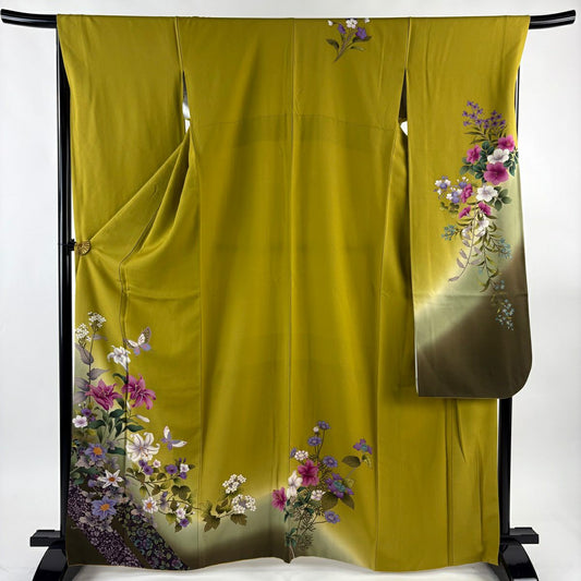 振袖禮服 身長167cm 袖長68cm L 雙層 百合 蝶 金銀彩 漸層 抹茶 純蠶絲 名品級