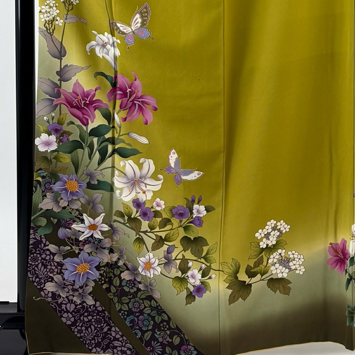 振袖禮服 身長167cm 袖長68cm L 雙層 百合 蝶 金銀彩 漸層 抹茶 純蠶絲 名品級