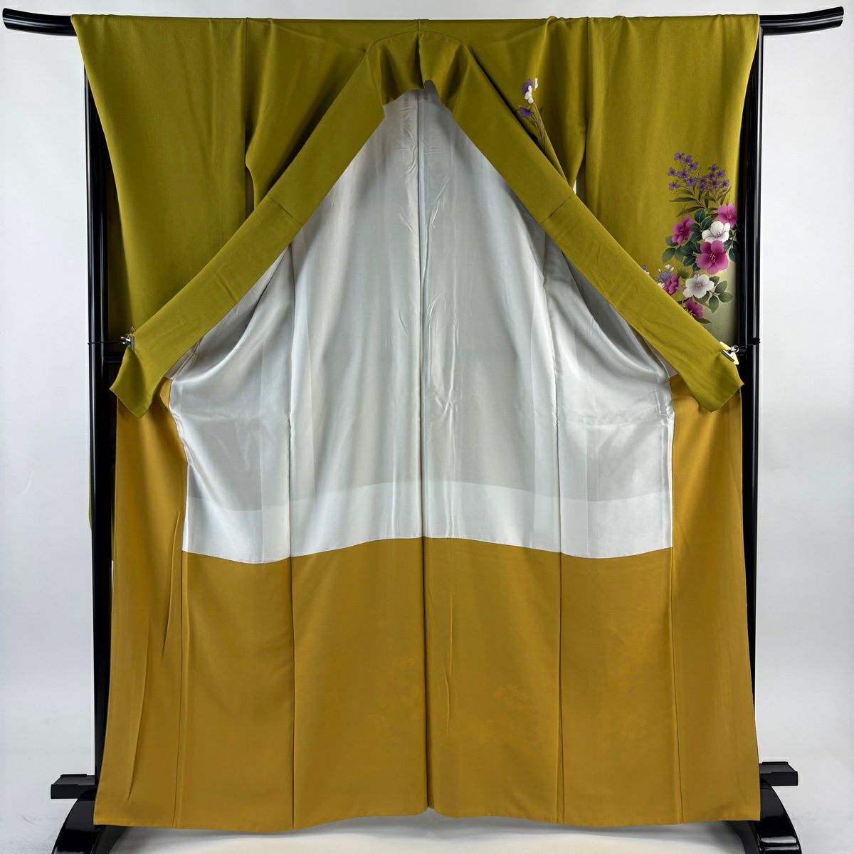 振袖禮服 身長167cm 袖長68cm L 雙層 百合 蝶 金銀彩 漸層 抹茶 純蠶絲 名品級