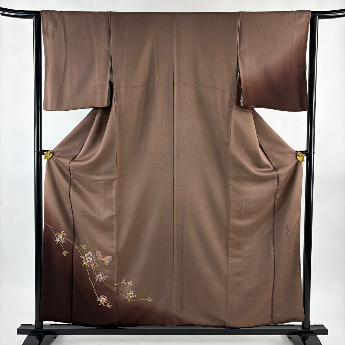 付下 身長158cm 袖長63cm S 雙層 斉藤三才 落款あり 枝花 蝶 金銀彩 漸層 小豆 純蠶絲 名品級