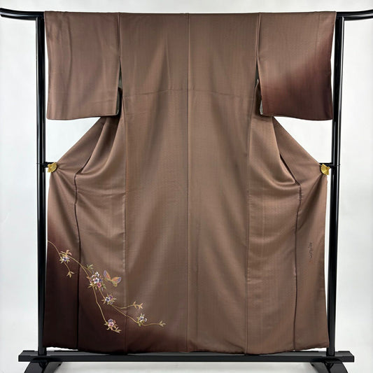 付下 身長158cm 袖長63cm S 雙層 斉藤三才 落款あり 枝花 蝶 金銀彩 漸層 小豆 純蠶絲 名品級