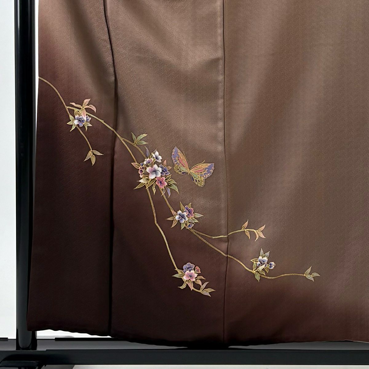 付下 身長158cm 袖長63cm S 雙層 斉藤三才 落款あり 枝花 蝶 金銀彩 漸層 小豆 純蠶絲 名品級
