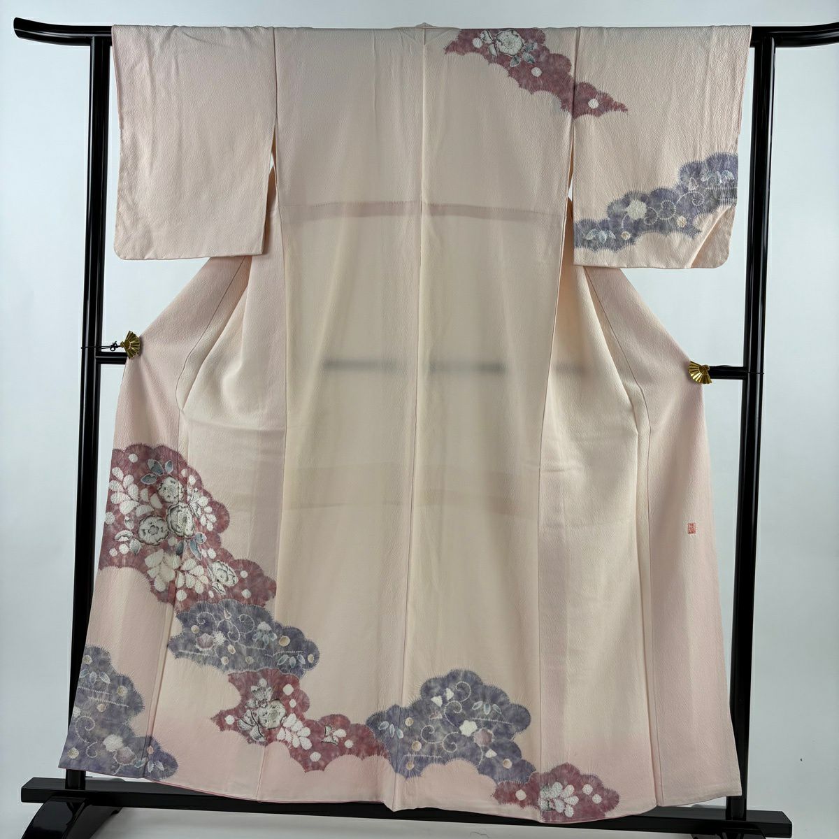 訪問服 身長156cm 袖長63cm S 雙層 滝泰 有落款 雲文 辻花染 淺粉色 純蠶絲 名品級