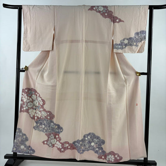 訪問服 身長156cm 袖長63cm S 雙層 滝泰 有落款 雲文 辻花染 淺粉色 純蠶絲 名品級