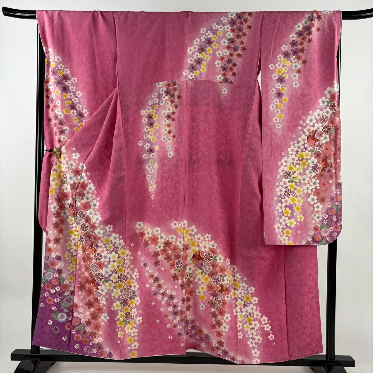 【美品】振袖禮服 身長156cm 袖長68cm L 雙層 櫻花 鈴 金絲 金銀彩 粉紅 純蠶絲 名品級