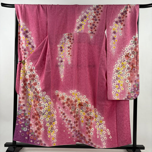 【美品】振袖禮服 身長156cm 袖長68cm L 雙層 櫻花 鈴 金絲 金銀彩 粉紅 純蠶絲 名品級