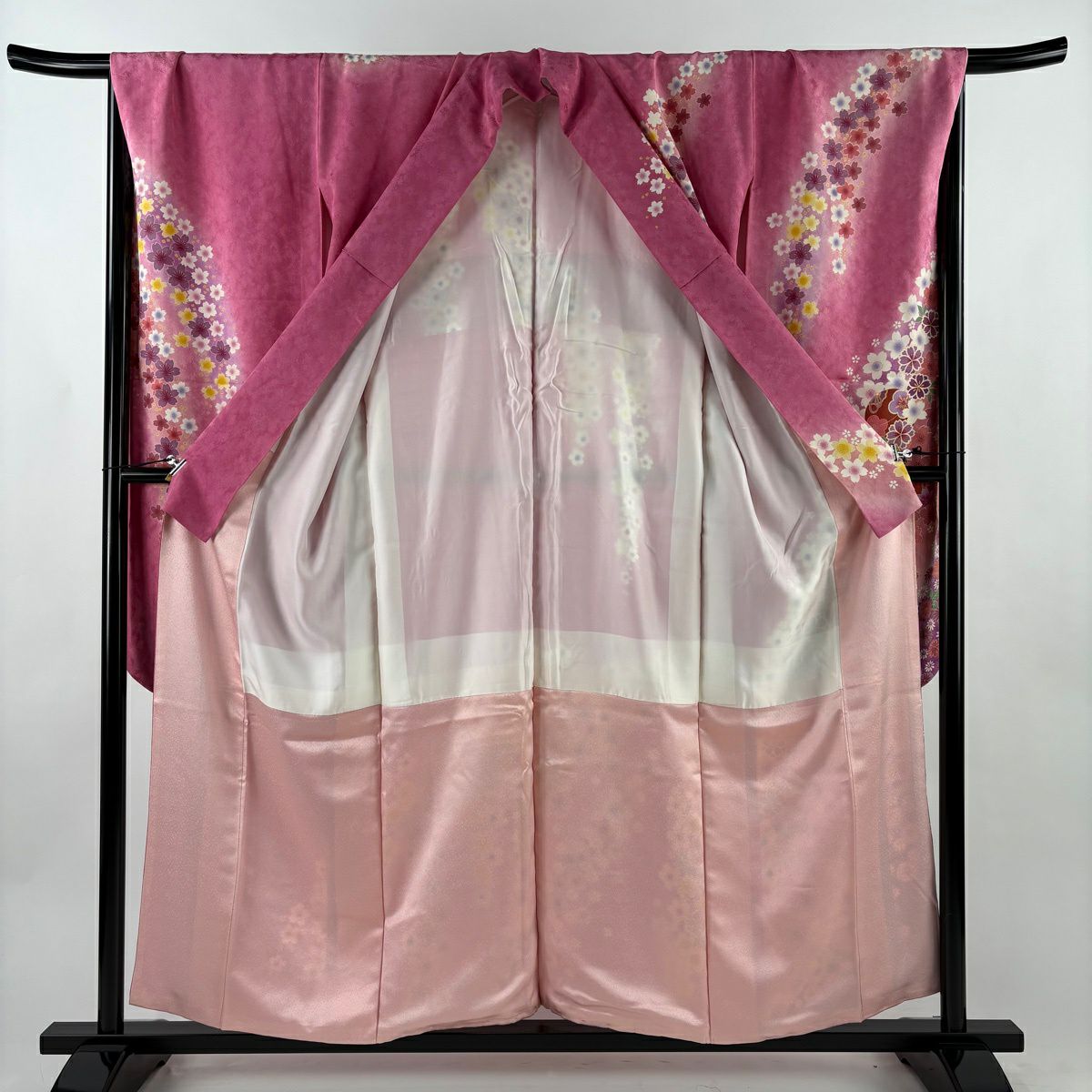 【美品】振袖禮服 身長156cm 袖長68cm L 雙層 櫻花 鈴 金絲 金銀彩 粉紅 純蠶絲 名品級