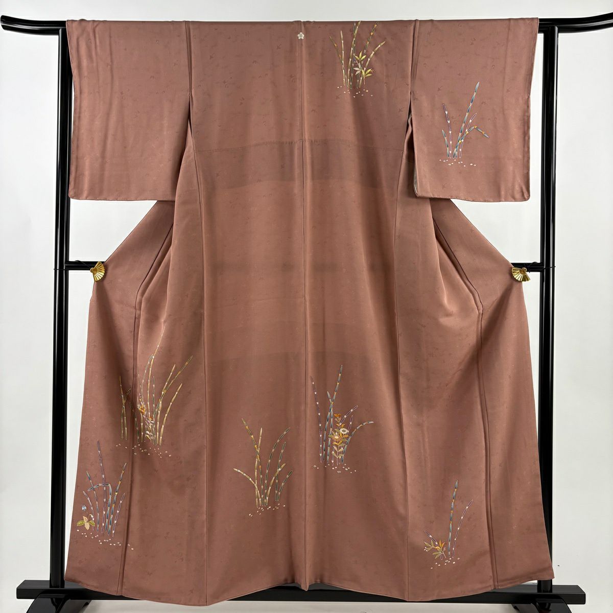 付下 身長157cm 袖長63cm S 雙層 木賊 草花紋紋 刺繡 金線 淺小豆 純蠶絲 名品級 一個紋