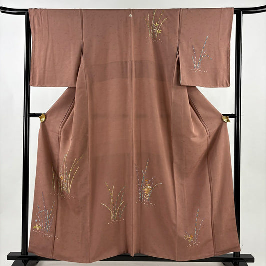 付下 身長157cm 袖長63cm S 雙層 木賊 草花紋紋 刺繡 金線 淺小豆 純蠶絲 名品級 一個紋