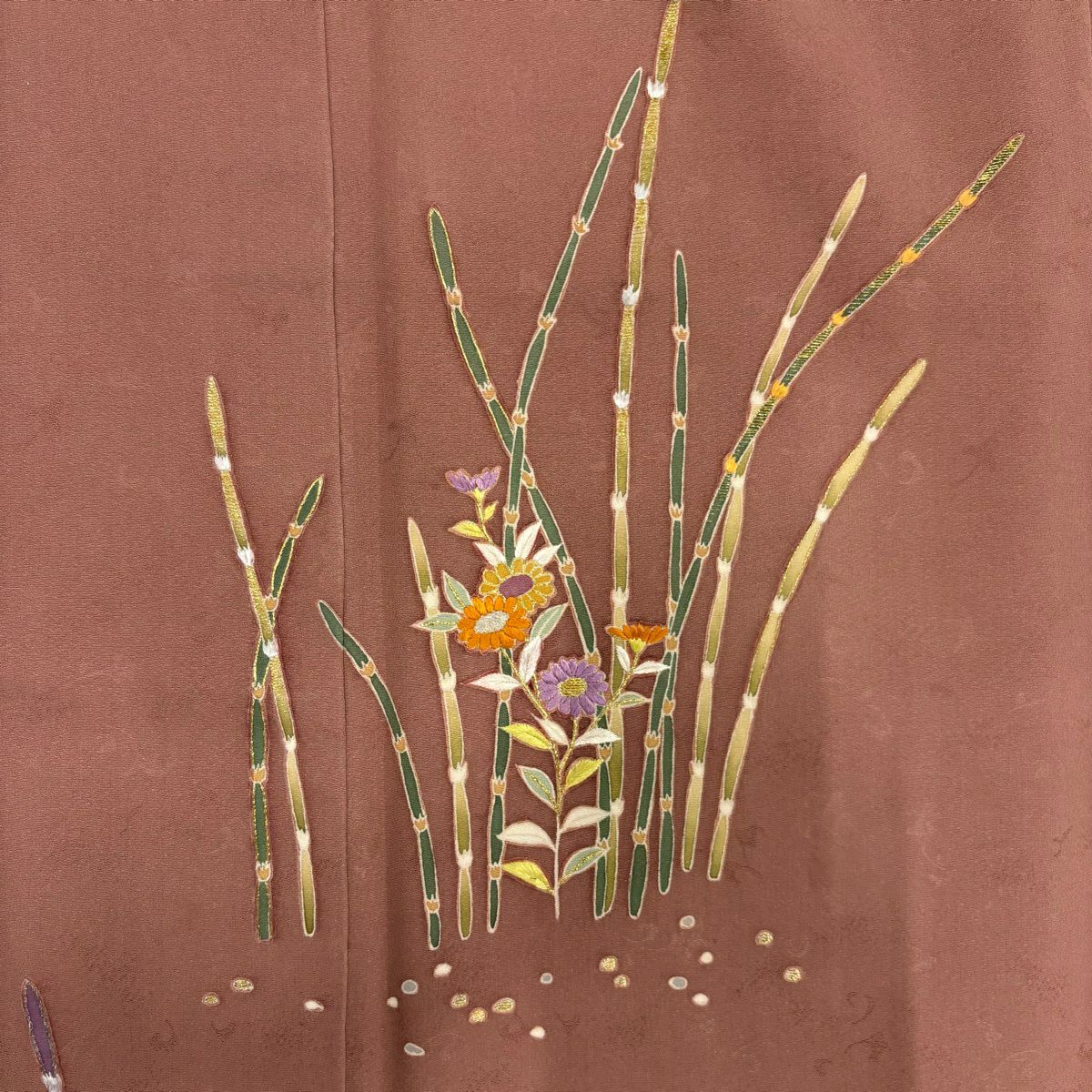 付下 身長157cm 袖長63cm S 雙層 木賊 草花紋紋 刺繡 金線 淺小豆 純蠶絲 名品級 一個紋