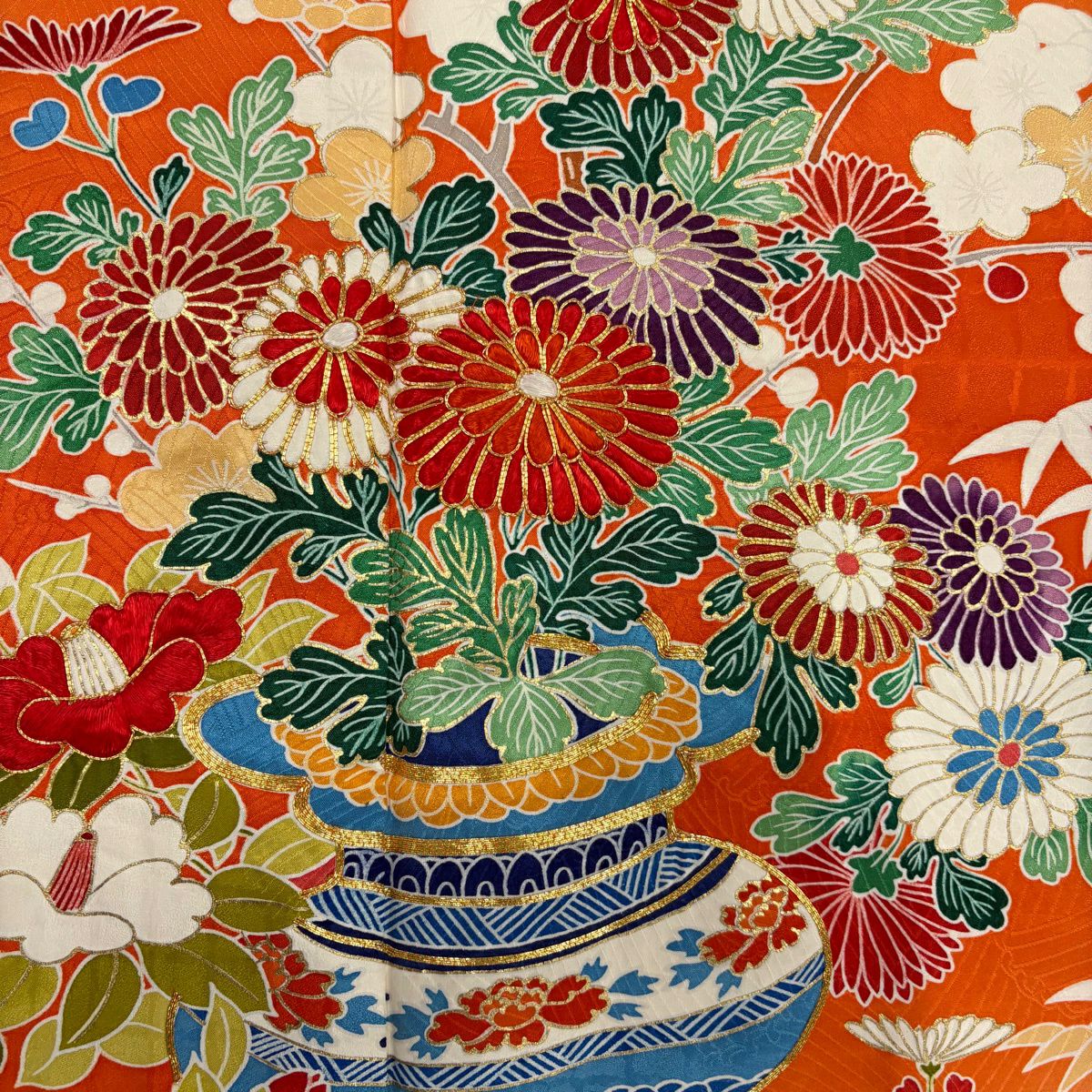 振袖禮服 身長160cm 袖長65cm M 雙層 松樹竹子梅花 菊花 金絲 刺繡 奶油色 純蠶絲 名品級